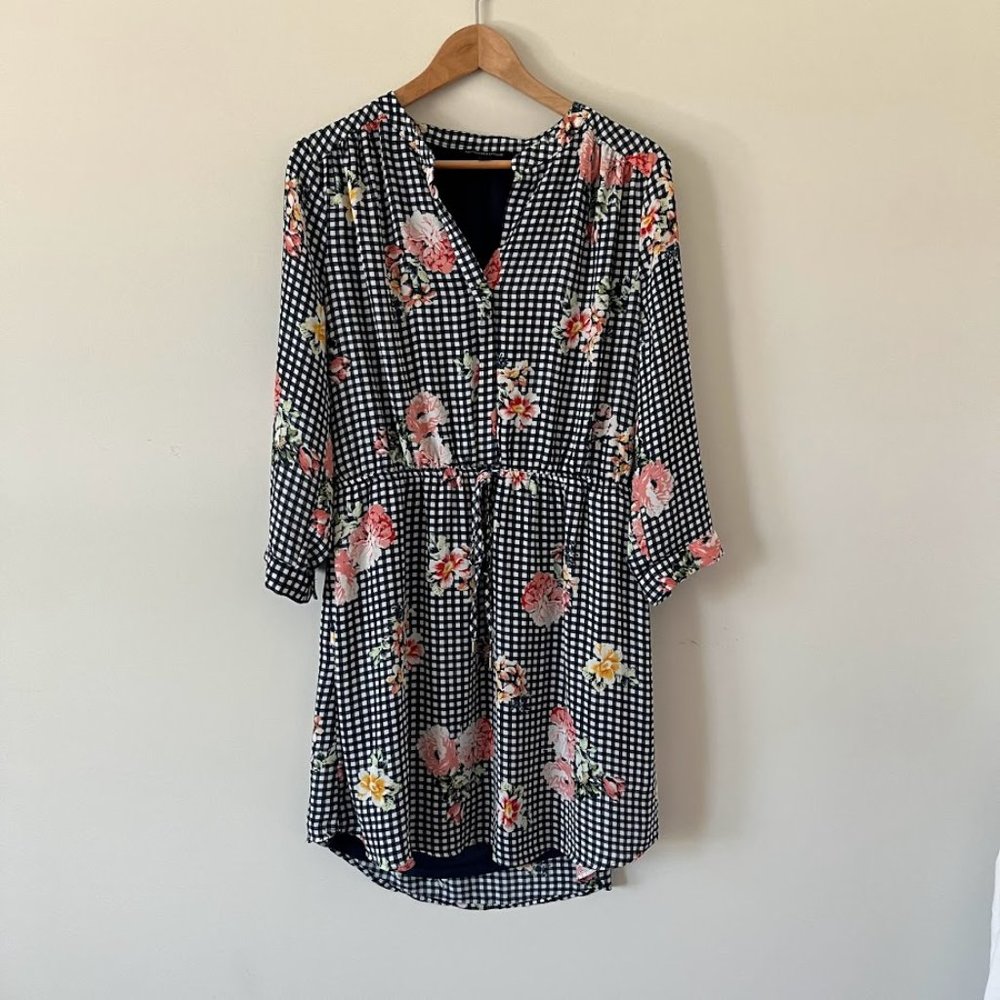 Signature Studio Gingham Tie-Waist Floral Button-Down Mini Dress